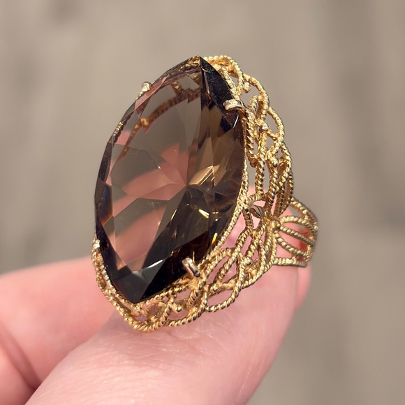 Jewelry - Vintage 10K Filigree Smoky Quartz Ring: Huge Marquis Bold Braided Gold Size 10.5
